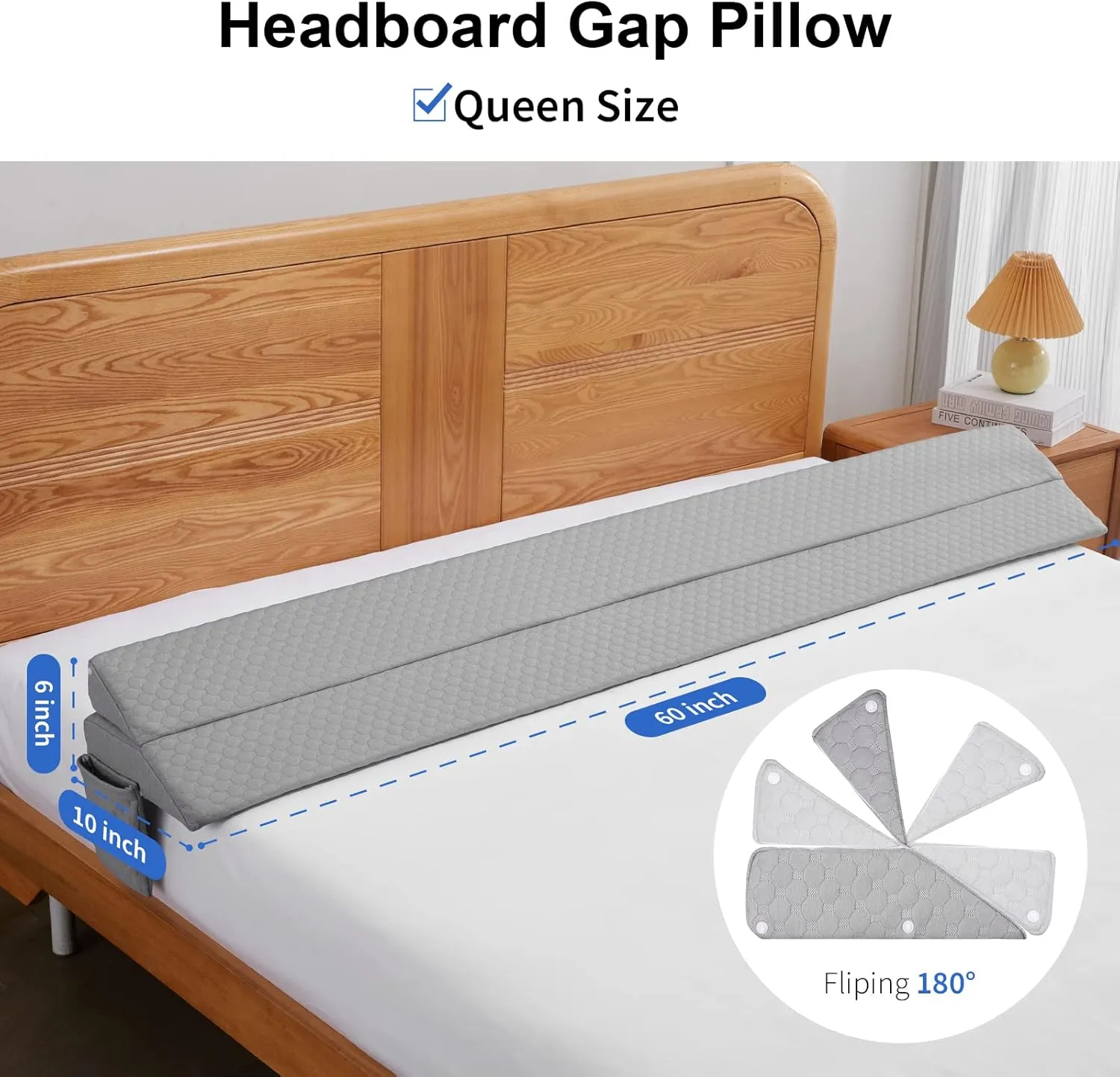 EUHAMS Queen Size Bed Wedge Pillow - Bed Gap Filler Mattress Wedge Headboard Pillow Close The Gap 0-7" Between Your Headboard and Mattress or Wall for Sleeping Backrest Pillow (60"x10"x6" Gray)