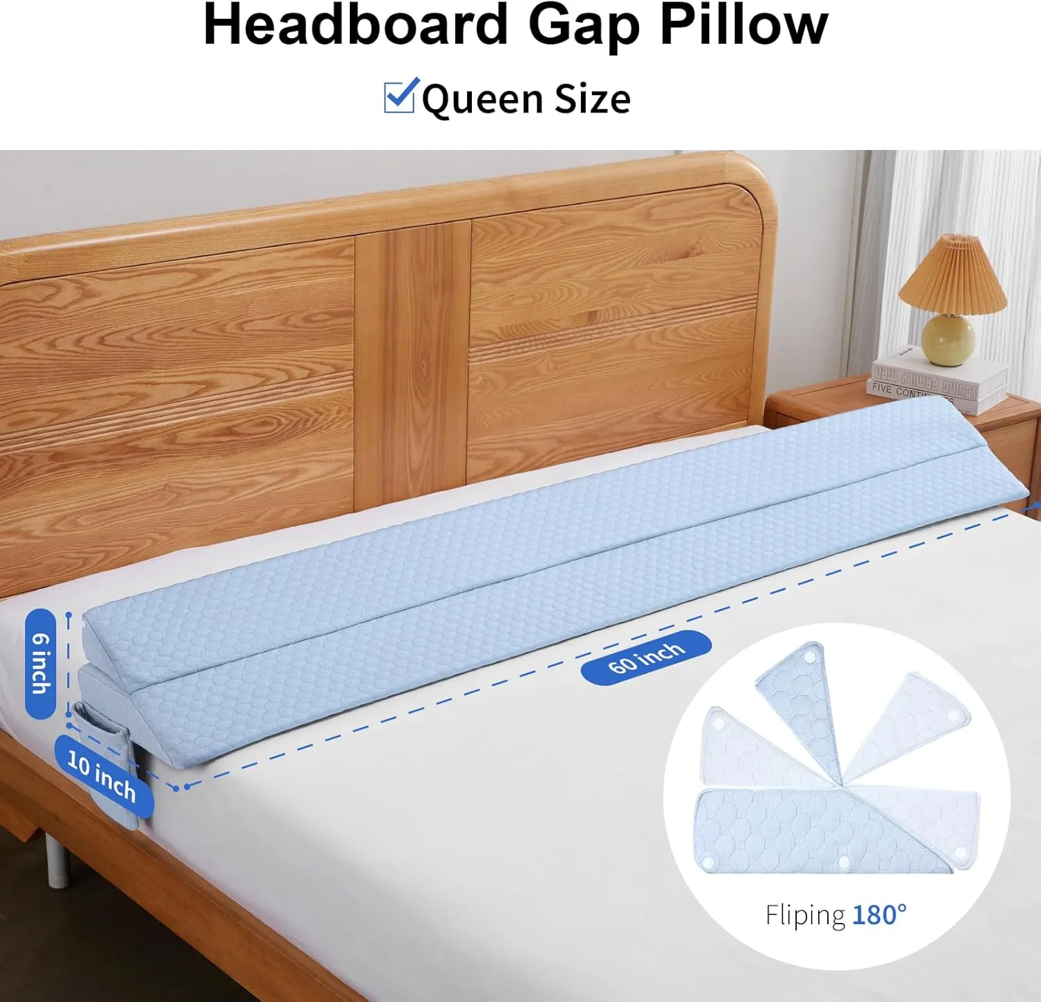 EUHAMS Queen Size Bed Wedge Pillow - Bed Gap Filler Mattress Wedge Headboard Pillow Close The Gap 0-7" Between Your Headboard and Mattress or Wall for Sleeping Backrest Pillow（Blue 60"x10"x6" ）