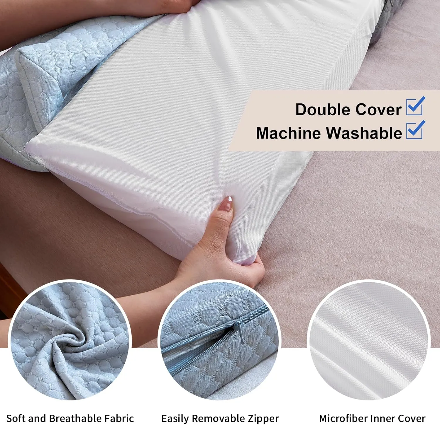 EUHAMS Queen Size Bed Wedge Pillow - Bed Gap Filler Mattress Wedge Headboard Pillow Close The Gap 0-7" Between Your Headboard and Mattress or Wall for Sleeping Backrest Pillow（Blue 60"x10"x6" ）
