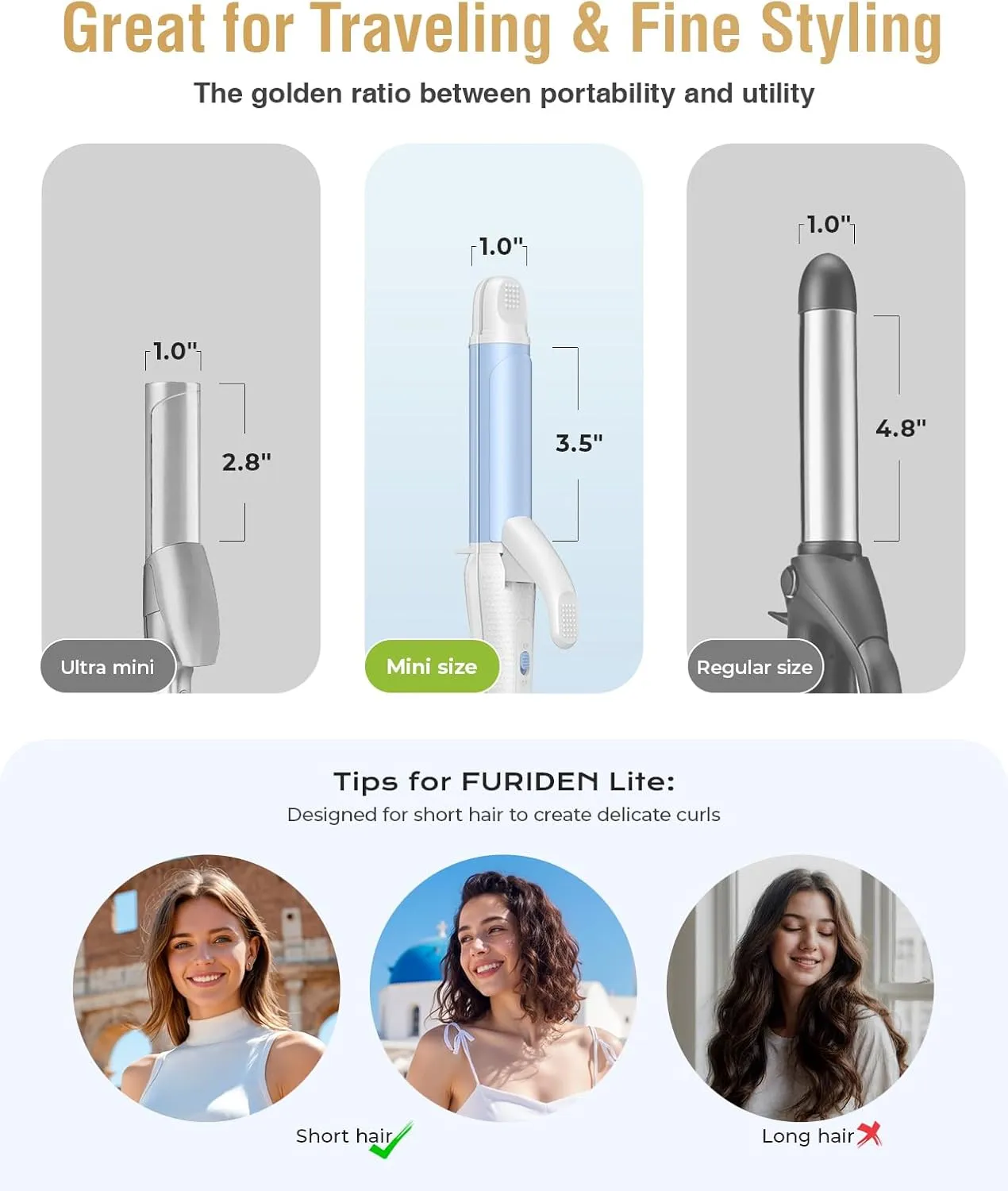 Europe Travel Curling Iron Mini: Dual Voltage Curling Iron for Traveling - Mini Travel Curling Irons 1 Inch with US Plug, Blue 390℉
