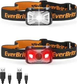 EverBrite Headlamps Rechargeable with Red Light - Outdoor LED Flashlight Head Lamps, Waterproof Dustproof Gear for Hiking Camping Essentials, 2 Pack