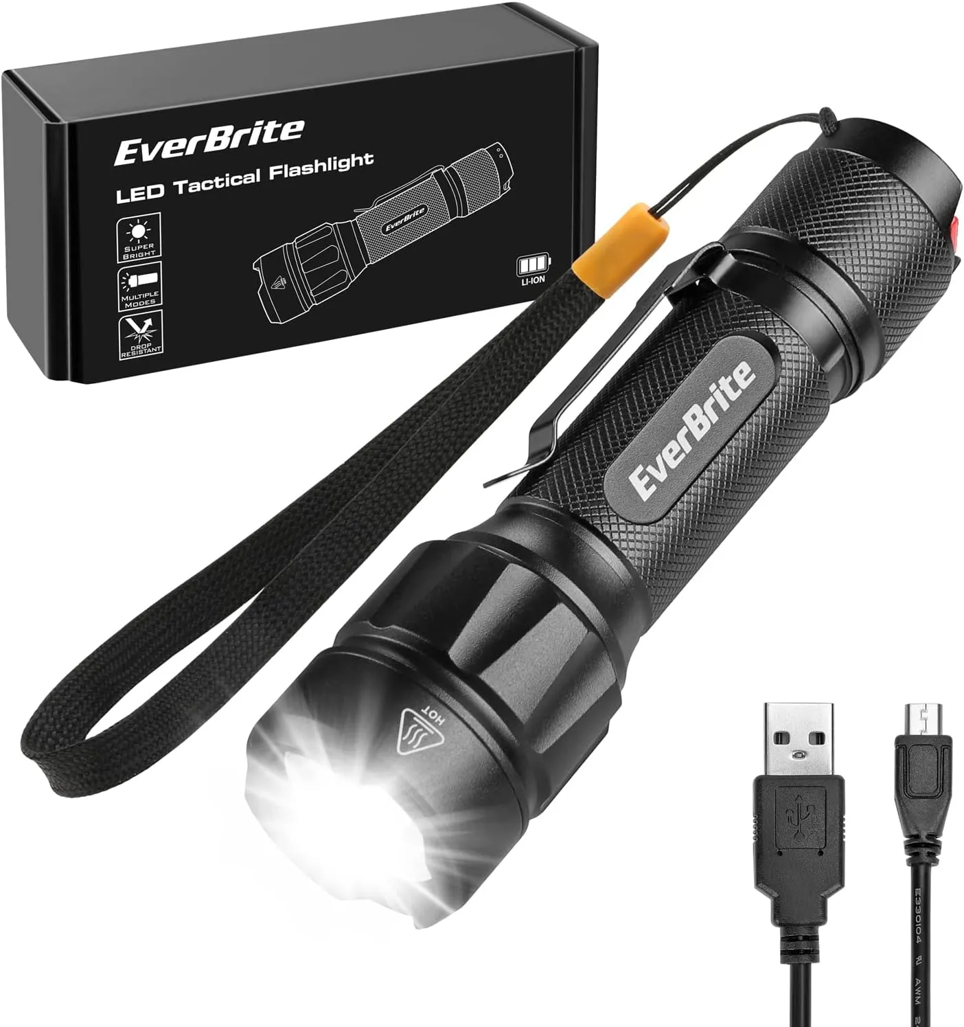 EverBrite LED Tactical Flashlight, Rechargeable Flashlight 750 Lumens with Lanyard & Clip, 6 Modes (High/Medium/Low/Strobe/SOS/Turbo), for Camping, Hiking, Emergency, Survival Use