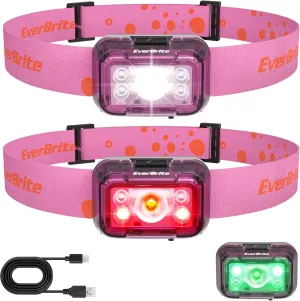 EverBrite Rechargeable Headlamp, 2 Pack Kids Headlamp with White/Red/Green Light and Memory Function, Head Lamp for Adult and Kid with 5 Modes, 120° Adjustable LED Headlamp for Camping, Running-Pink