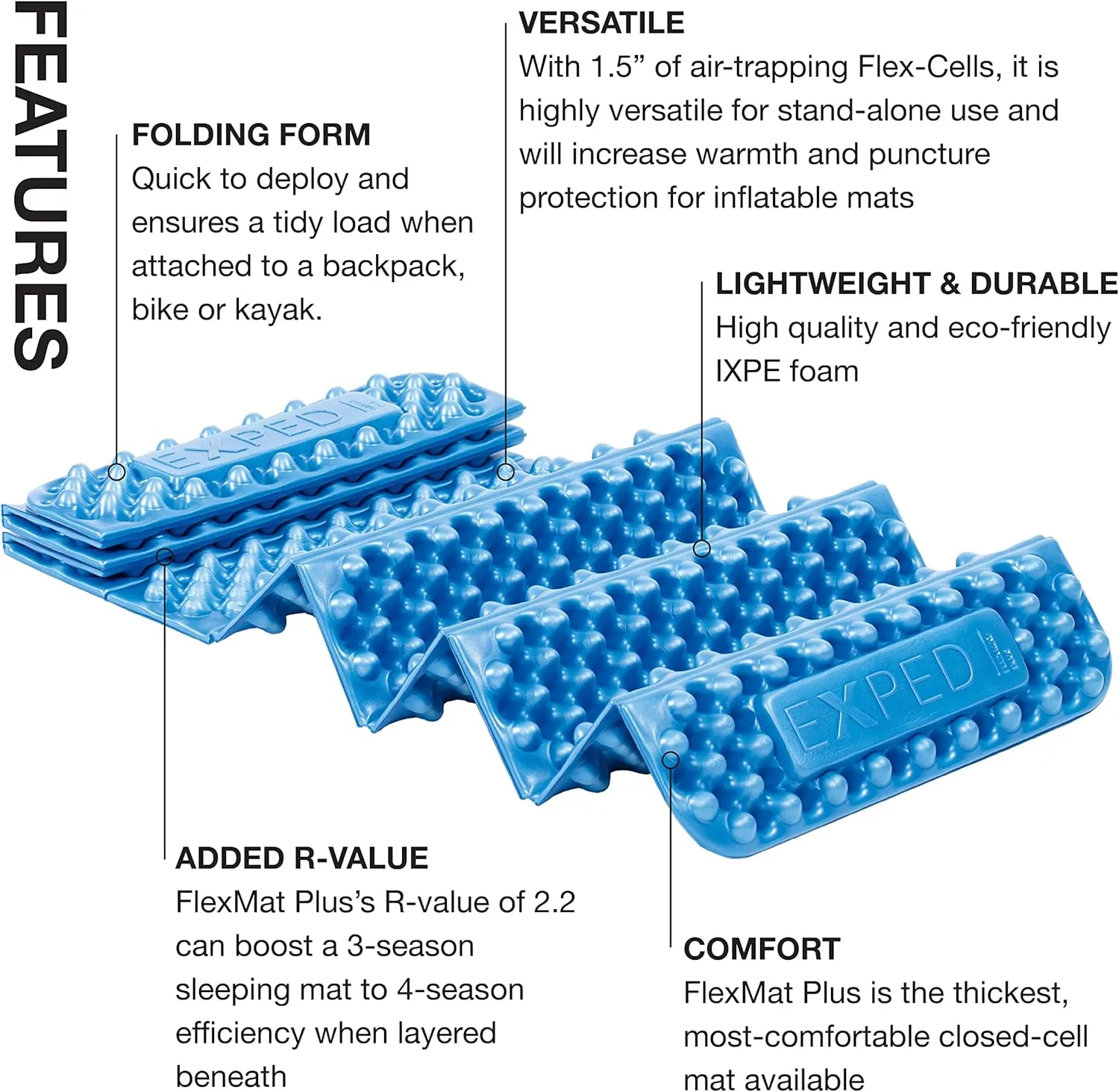Exped FlexMat Plus - Thick, Comfortable, and Highly Versatile Closed-Cell Foam Mat, Blue, Long Wide