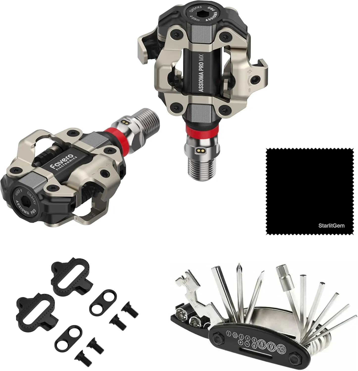 Favero Assioma Pro MX-2 Upgraded Dual-Sided Power Meter Pedals Bundled with Extra SPD Cleats, Multi Tool Kit and Cleaning Cloth