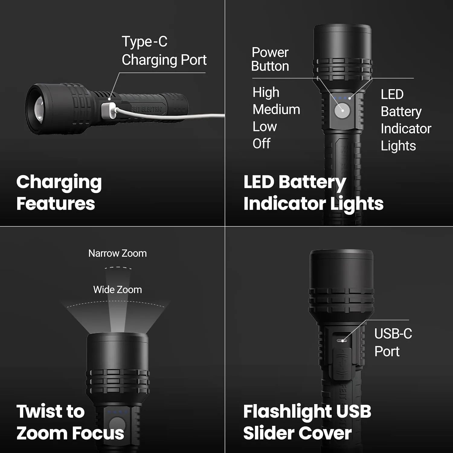 Feit Electric LED Long Range Flashlight, 600 Lumens, 3 Light Modes, 1/4 Mile Zoom, Rechargeable, Waterproof, and Weather-Resistant for Outdoor Adventures and Emergency Kits, FLR600/LT/FLEX