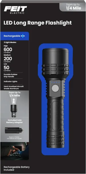 Feit Electric LED Long Range Flashlight, 600 Lumens, 3 Light Modes, 1/4 Mile Zoom, Rechargeable, Waterproof, and Weather-Resistant for Outdoor Adventures and Emergency Kits, FLR600/LT/FLEX