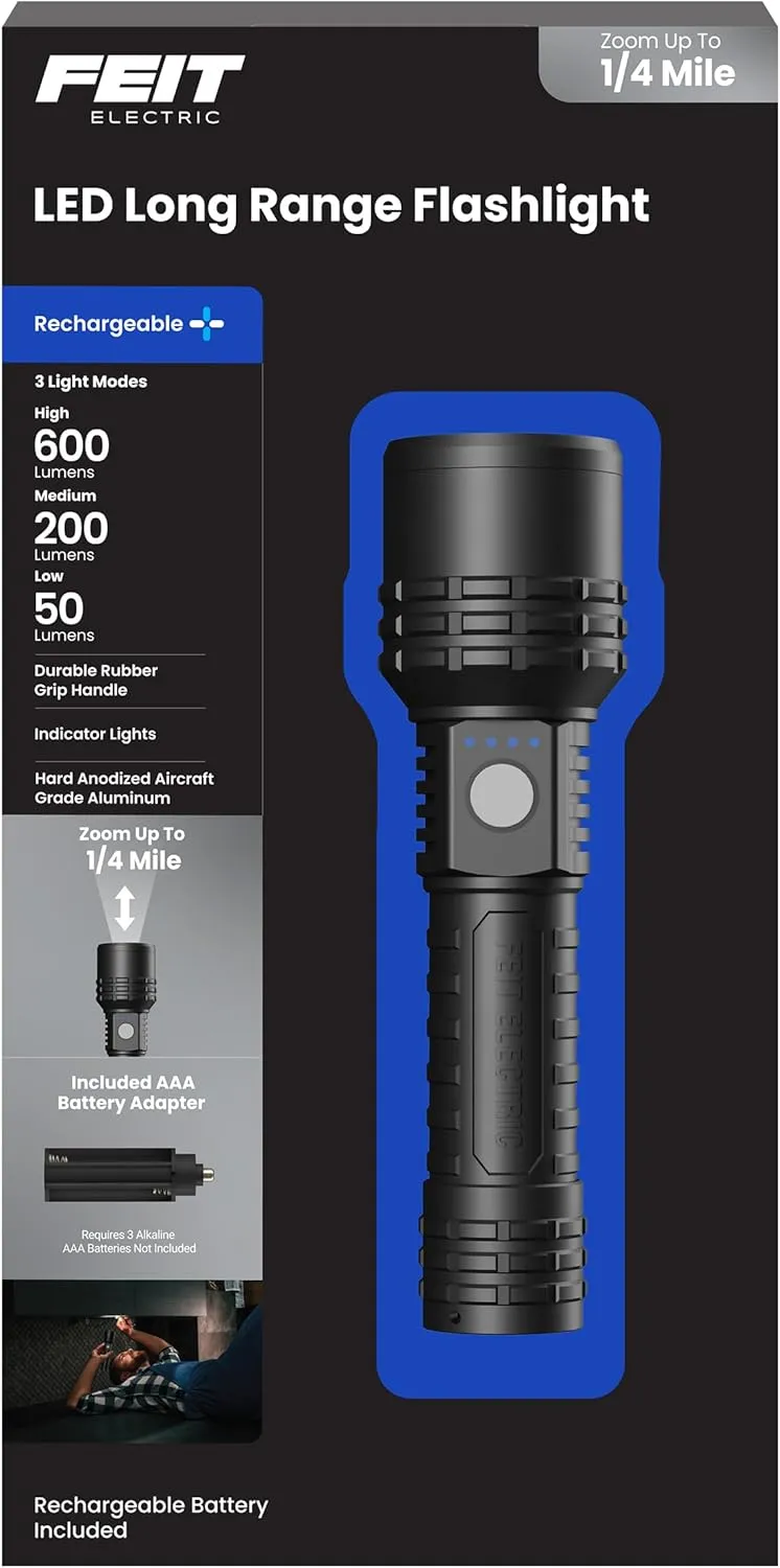 Feit Electric LED Long Range Flashlight, 600 Lumens, 3 Light Modes, 1/4 Mile Zoom, Rechargeable, Waterproof, and Weather-Resistant for Outdoor Adventures and Emergency Kits, FLR600/LT/FLEX