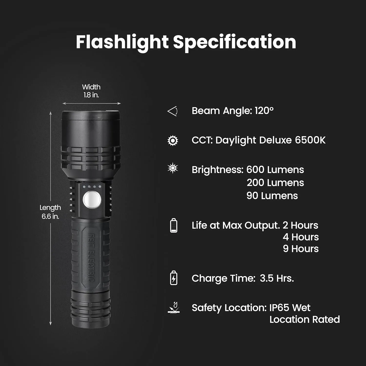 Feit Electric LED Long Range Flashlight, 600 Lumens, 3 Light Modes, 1/4 Mile Zoom, Rechargeable, Waterproof, and Weather-Resistant for Outdoor Adventures and Emergency Kits, FLR600/LT/FLEX
