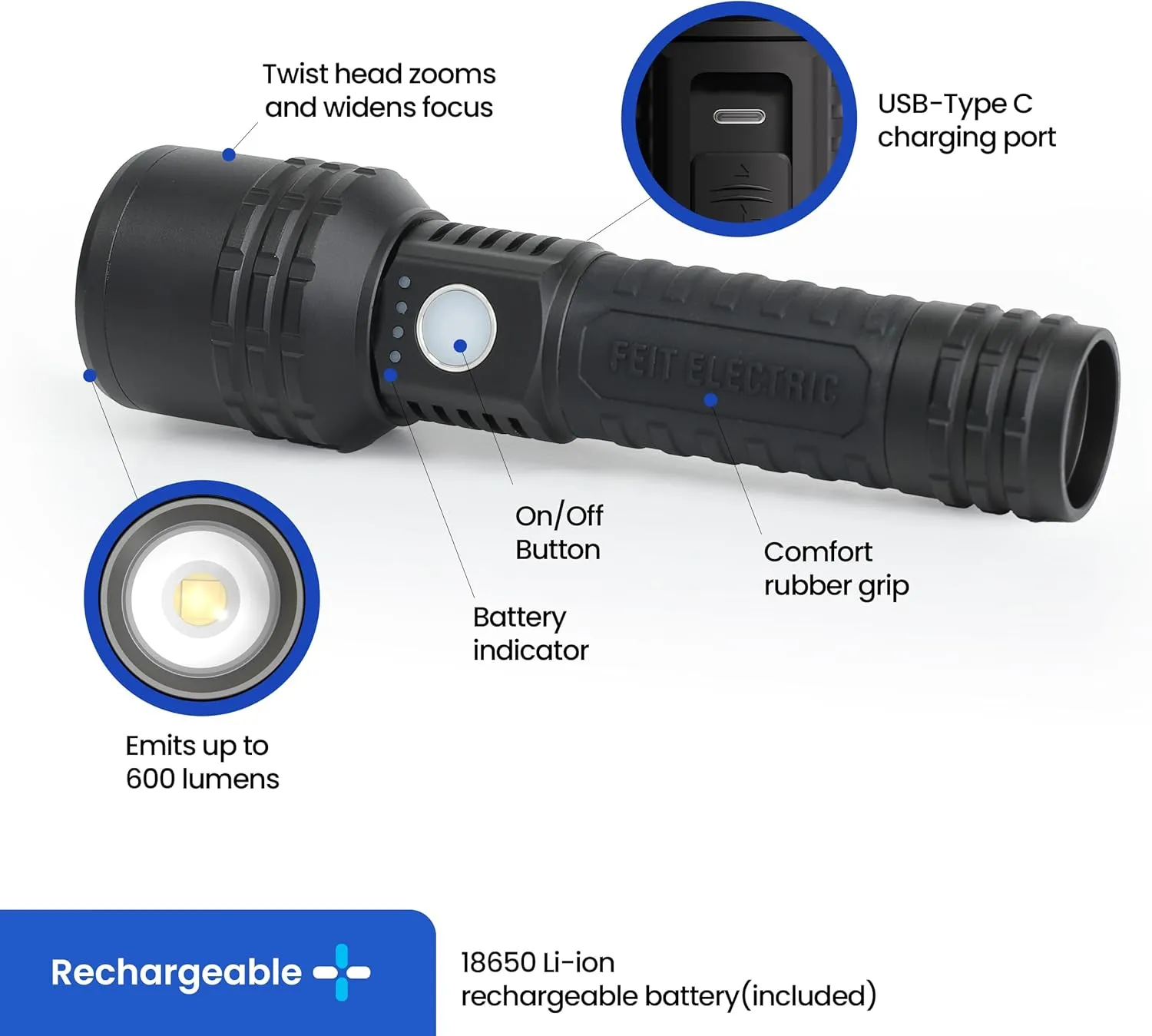 Feit Electric LED Long Range Flashlight, 600 Lumens, 3 Light Modes, 1/4 Mile Zoom, Rechargeable, Waterproof, and Weather-Resistant for Outdoor Adventures and Emergency Kits, FLR600/LT/FLEX