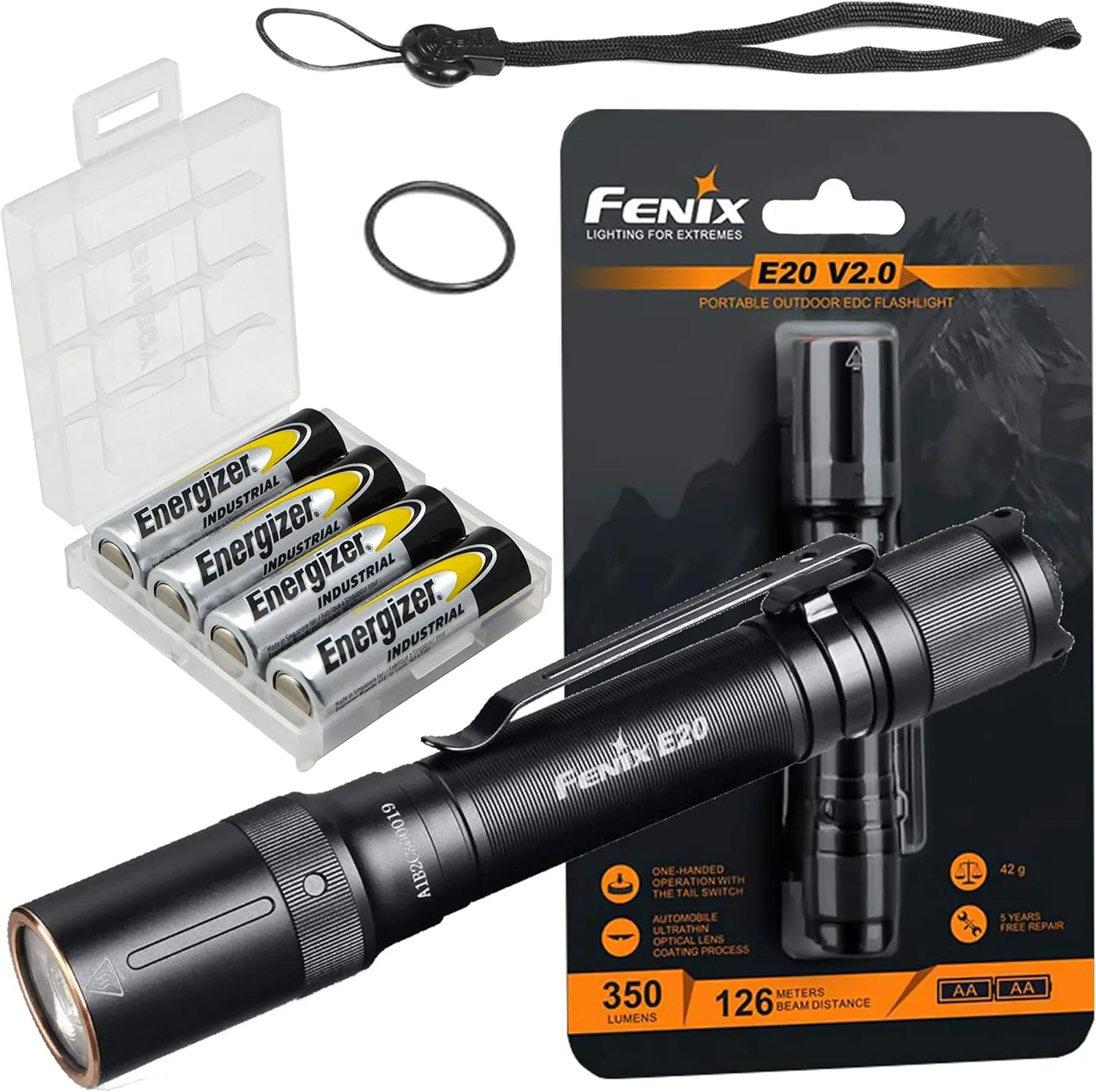 Fenix E20 V2.0 350 Lumens Flashlight with 4 Extra AA Batteries and a Lightjunction Battery Case
