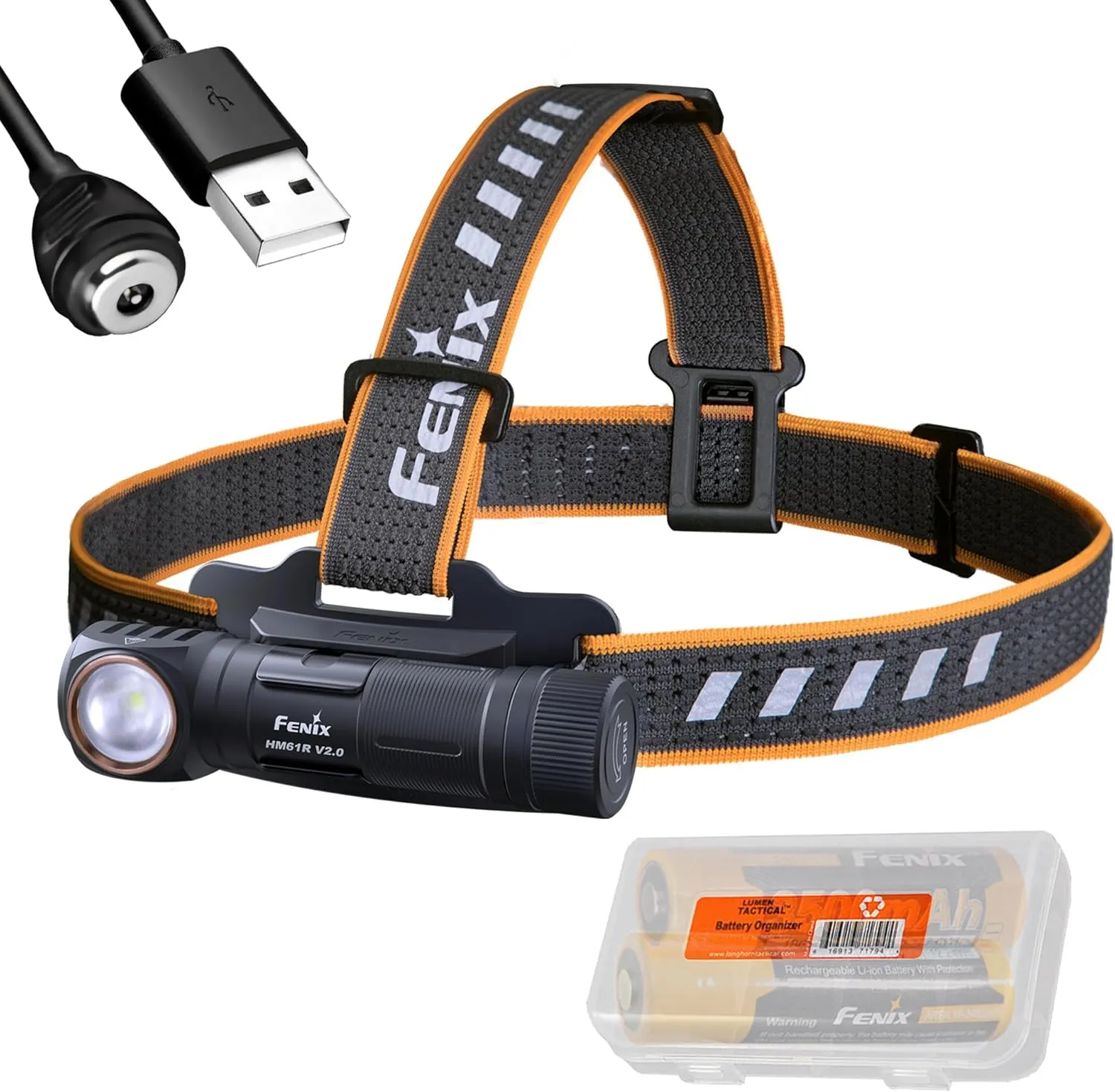 Fenix HM61R V2.0 Rechargeable Headlamp, 1600 Lumen L-Shape 90 Degree Right Angle Flashlight with White & Red Lights, with 2X ARB-L18 and LumenTac Organizer