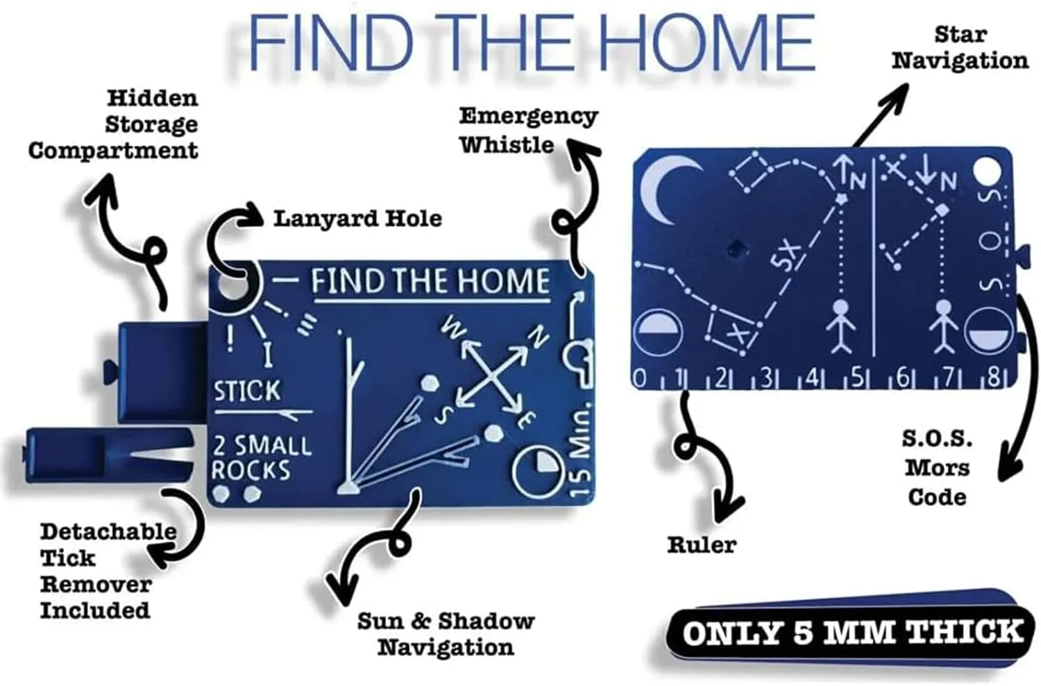 Find The Home – Your Pocket Survival Guide, Multi-Functional Survival Card, Pocket Compass with Storage Compartment and Whistle, Sun & Star Navigation Tool, for Outdoor Adventure Camping