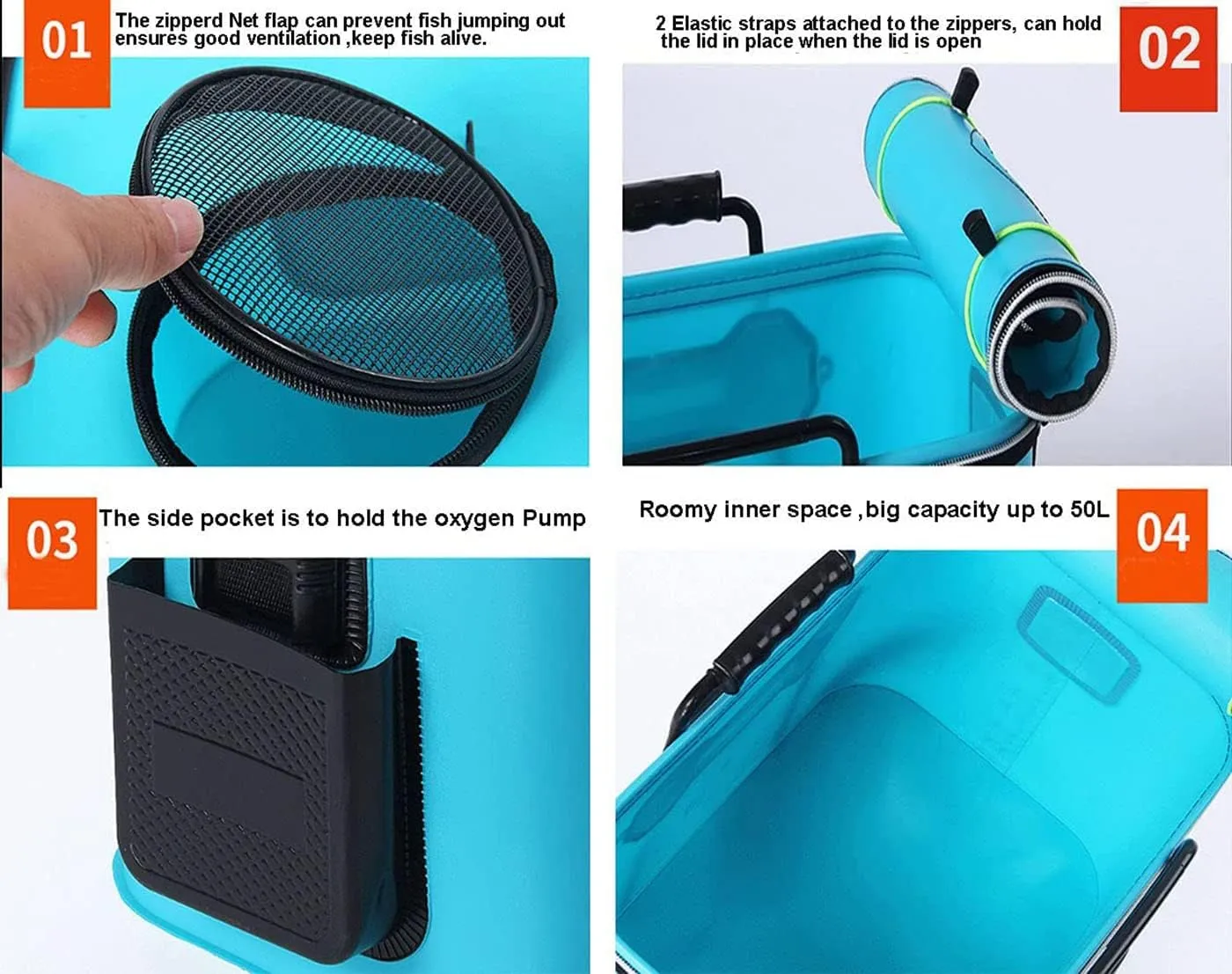 Fishing Bucket Foldable EVA Fishing Bag with Oxygen Pump Pocket Outdoor Camping Hiking Live Fish Bait Container,green-50cm