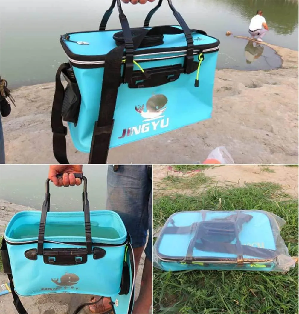 Fishing Bucket Foldable EVA Fishing Bag with Oxygen Pump Pocket Outdoor Camping Hiking Live Fish Bait Container,green-50cm