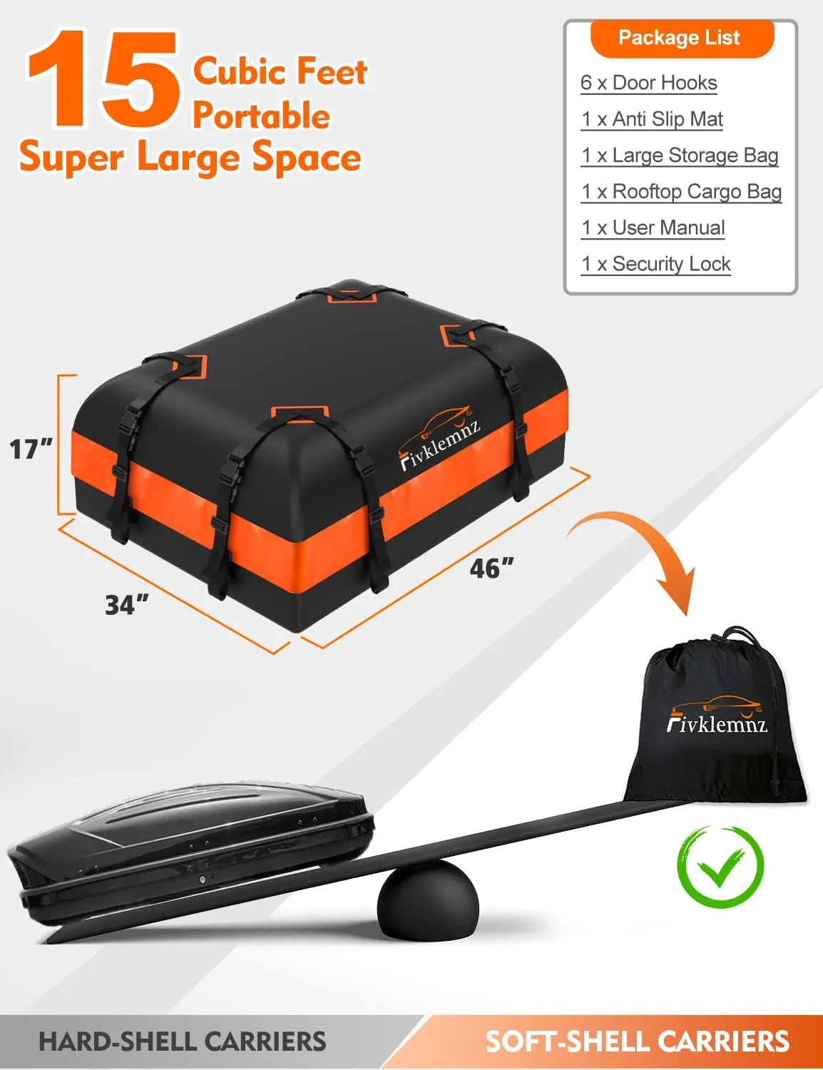 FIVKLEMNZ Car Rooftop Cargo Carrier Roof Bag Waterproof for All Top of Vehicle with/Without Rack Includes Topper Anti-Slip Mat   Reinforced Straps   6 Door Hooks   Luggage Lock