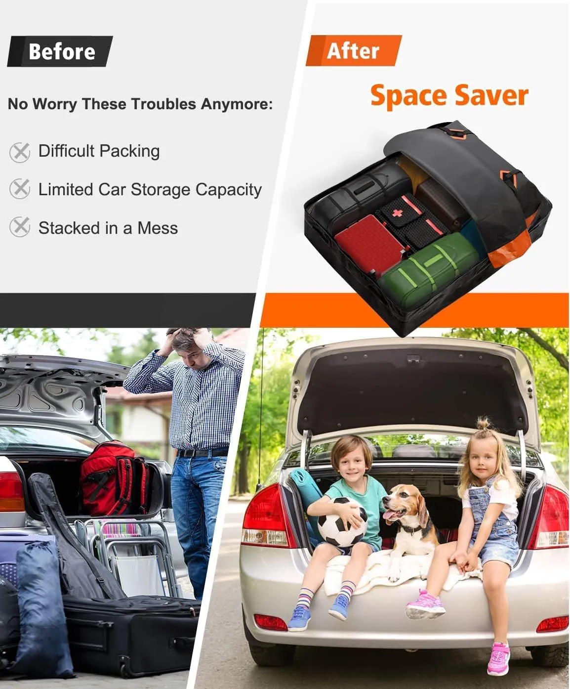 FIVKLEMNZ Car Rooftop Cargo Carrier Roof Bag Waterproof for All Top of Vehicle with/Without Rack Includes Topper Anti-Slip Mat   Reinforced Straps   6 Door Hooks   Luggage Lock