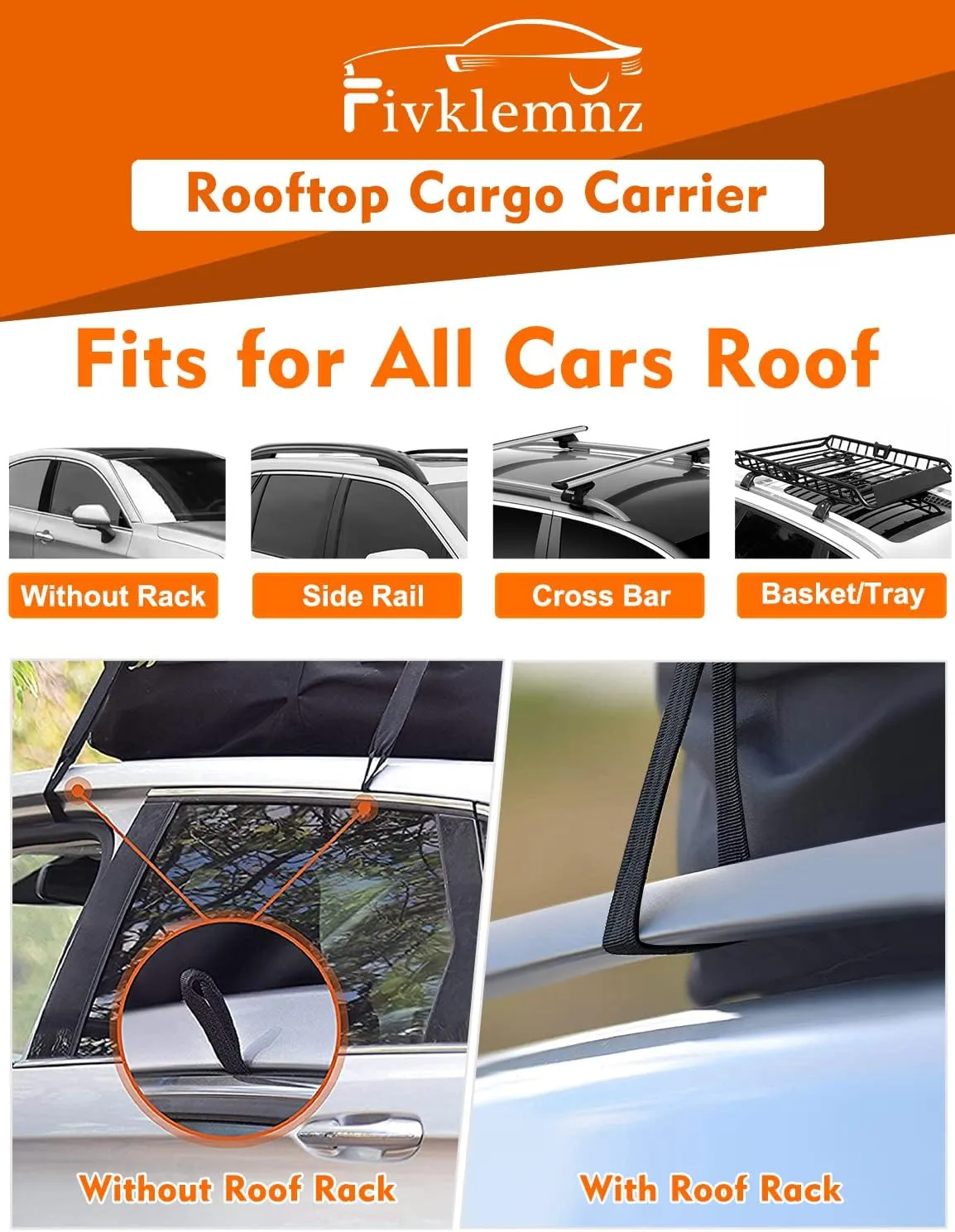 FIVKLEMNZ Car Rooftop Cargo Carrier Roof Bag Waterproof for All Top of Vehicle with/Without Rack Includes Topper Anti-Slip Mat   Reinforced Straps   6 Door Hooks   Luggage Lock
