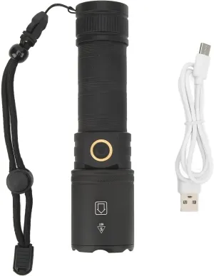 Flashlight, Aluminum Alloy Telescopic Zoom Waterproof IPX4 Waterproof Flash, 3 Modes Type C Interface Long Battery Life Flash Light with Lanyard, for Outdoor, Hiking