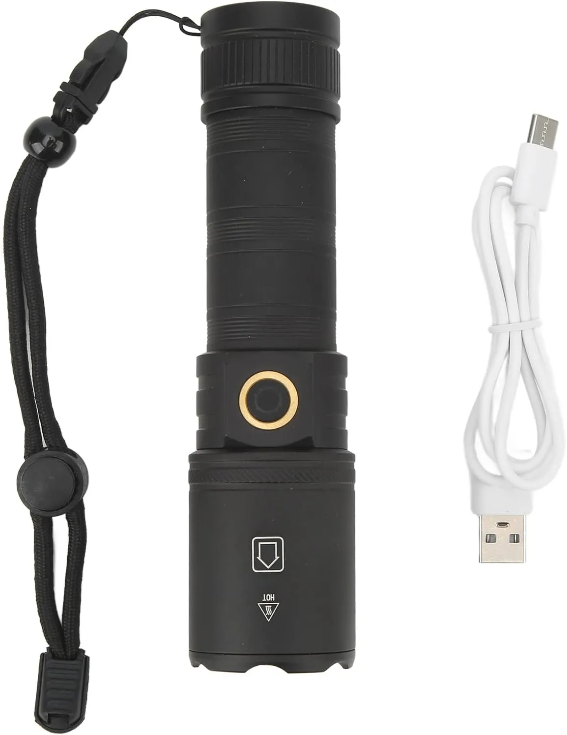 Flashlight, Aluminum Alloy Telescopic Zoom Waterproof IPX4 Waterproof Flash, 3 Modes Type C Interface Long Battery Life Flash Light with Lanyard, for Outdoor, Hiking