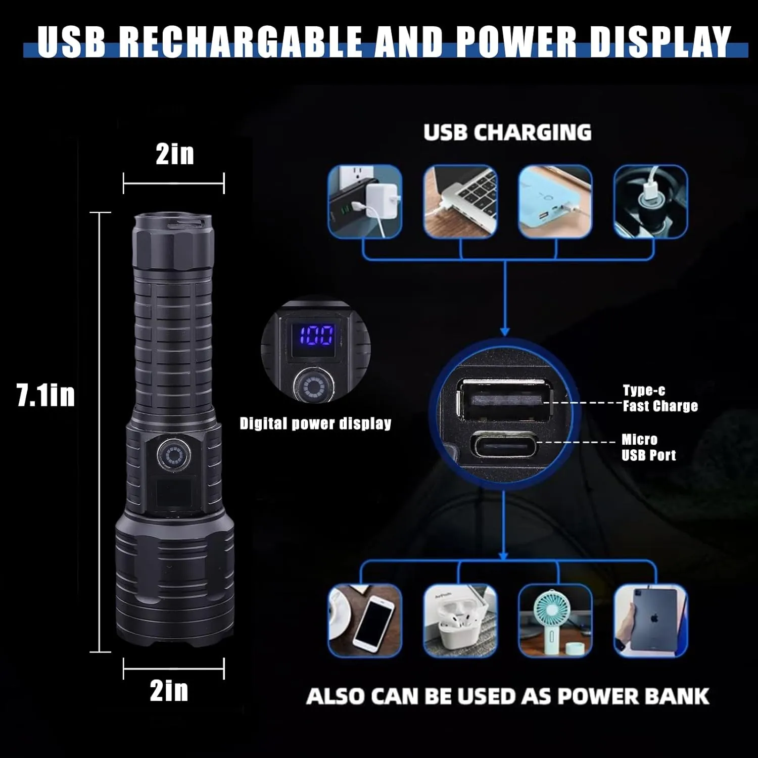Flashlights High Lumens 10000Lumen Flashlight 5 Modes Power Display IP44 Waterproof, Zoomable High Power Flashlight for Camping Hiking Gift, Flashlights for Emergencies（7.1 * 2）(Battery Free)