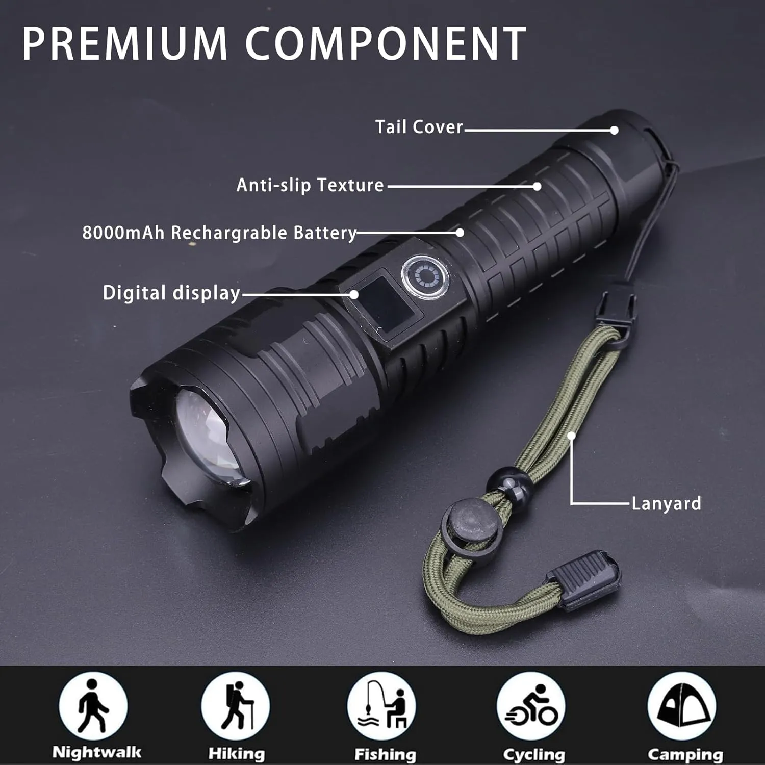 Flashlights High Lumens 10000Lumen Flashlight 5 Modes Power Display IP44 Waterproof, Zoomable High Power Flashlight for Camping Hiking Gift, Flashlights for Emergencies（7.1 * 2）(Battery Free)
