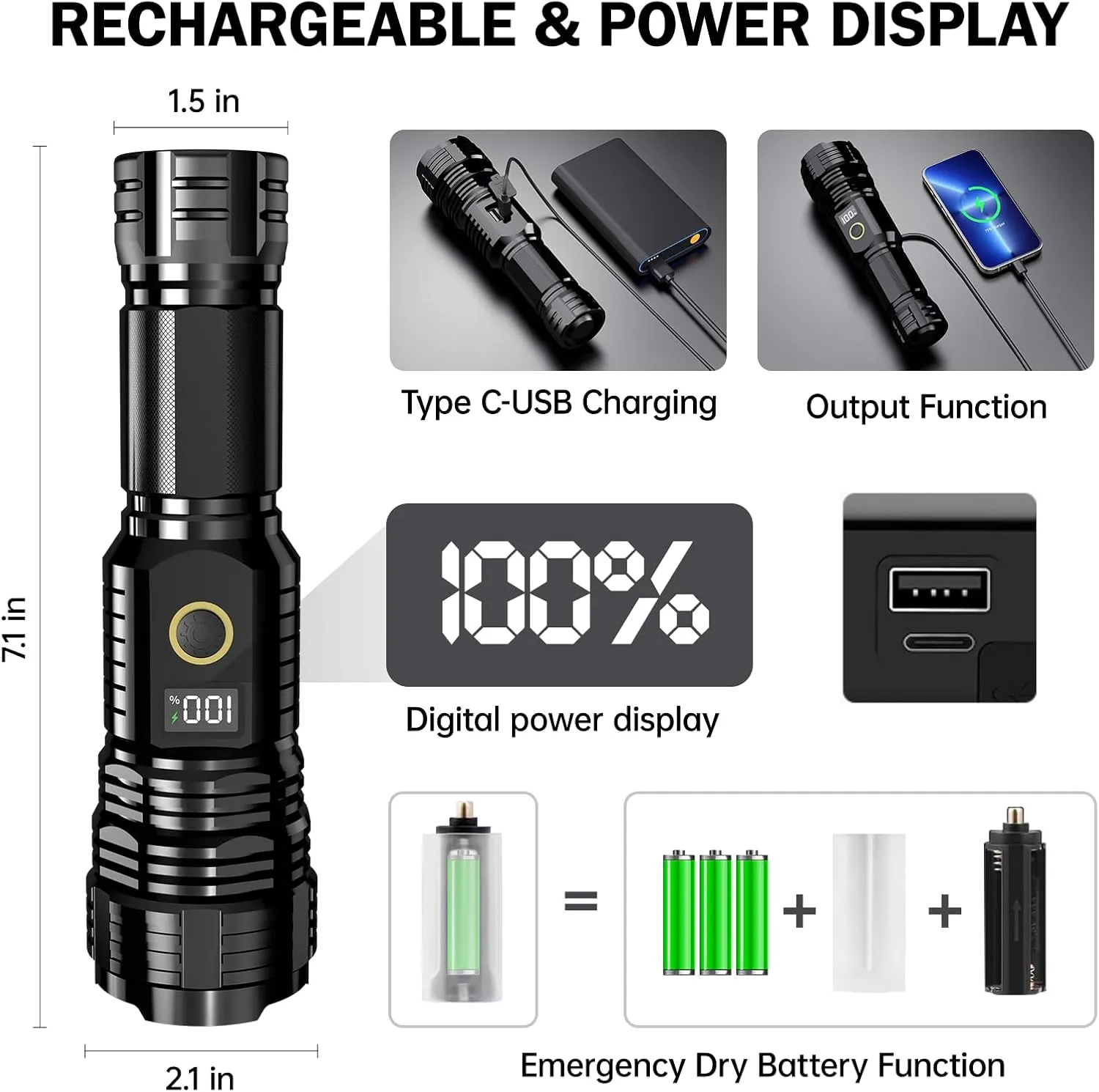 Flashlights High Lumens Rechargeable, 2000LM LED Super Bright Flash Light, Zoomable Linternas with LCD Digital Display, 5 Mode, Waterproof, Powerful Tactical Flashlight for Emergencies Camping Gift