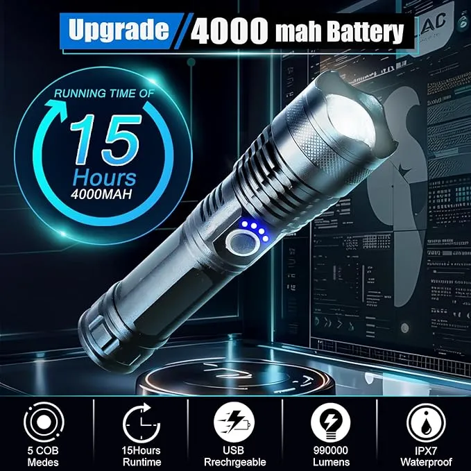 Flashlights High Lumens Rechargeable, Super Bright 900000 High Lumen 15 Hours Long Life LED Tactical Flashlight, 5 Light Modes, IPX7 Waterproof High Powered Flash Lights,Suitable for Emergency, Hiking