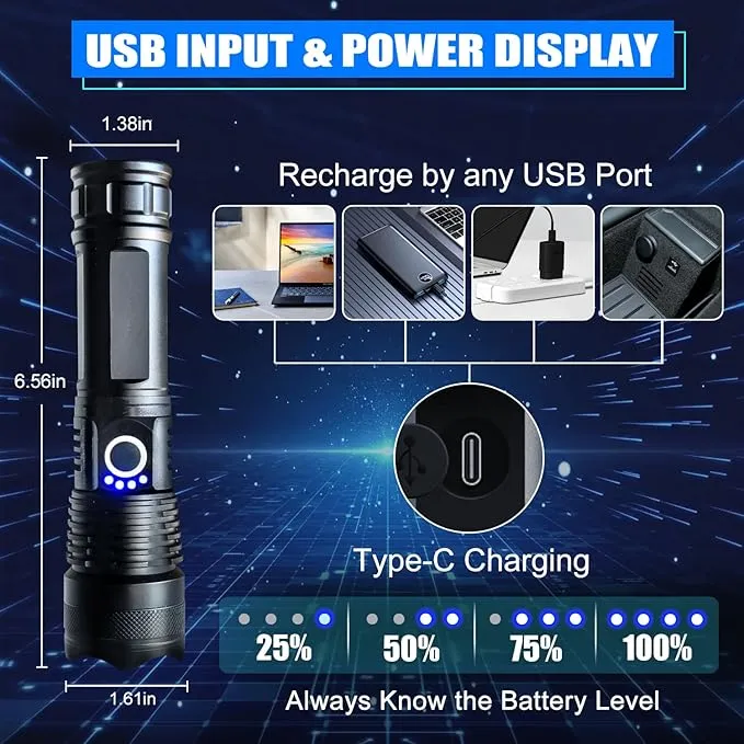 Flashlights High Lumens Rechargeable, Super Bright 900000 High Lumen 15 Hours Long Life LED Tactical Flashlight, 5 Light Modes, IPX7 Waterproof High Powered Flash Lights,Suitable for Emergency, Hiking