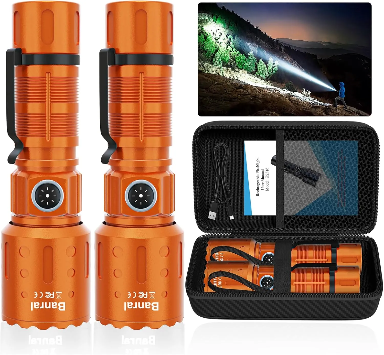 Flashlights High Lumens Rechargeable, Super Bright Long Range Small Powerful Flashlight, 6 Modes LED Tactical Pocket Waterproof Flash Light for Home Emergency (2, Orange)