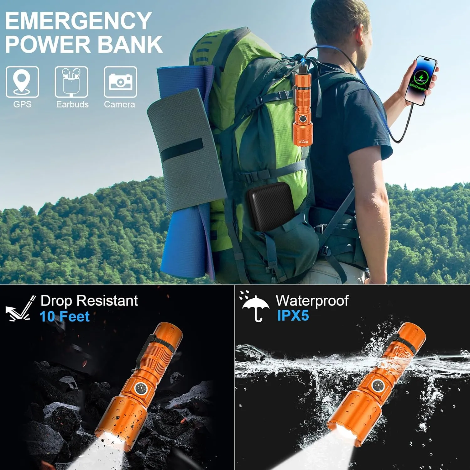 Flashlights High Lumens Rechargeable, Super Bright Long Range Small Powerful Flashlight, 6 Modes LED Tactical Pocket Waterproof Flash Light for Home Emergency (2, Orange)