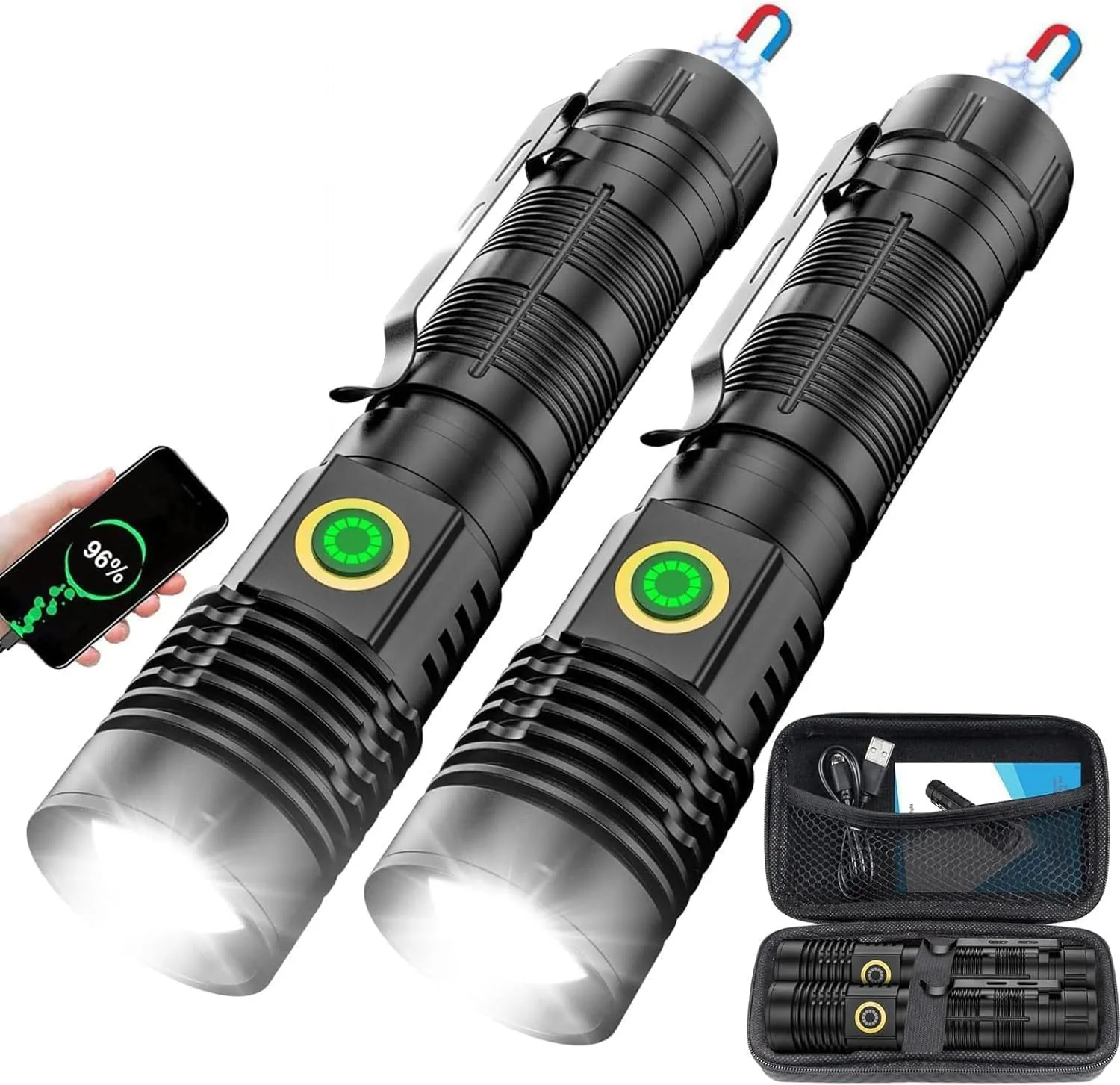 Flashlights High Lumens Rechargeable(Battery Included), Super Bright Powerful Small Magnetic Flashlight, 6 Mode, Zoomable, Waterproof, Handheld Flashlight for Camping Hiking