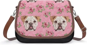 Flower Boston Bulldog Women's Shoulder Handbags Cute PU Leather Purse Crossbody Messenger Bags