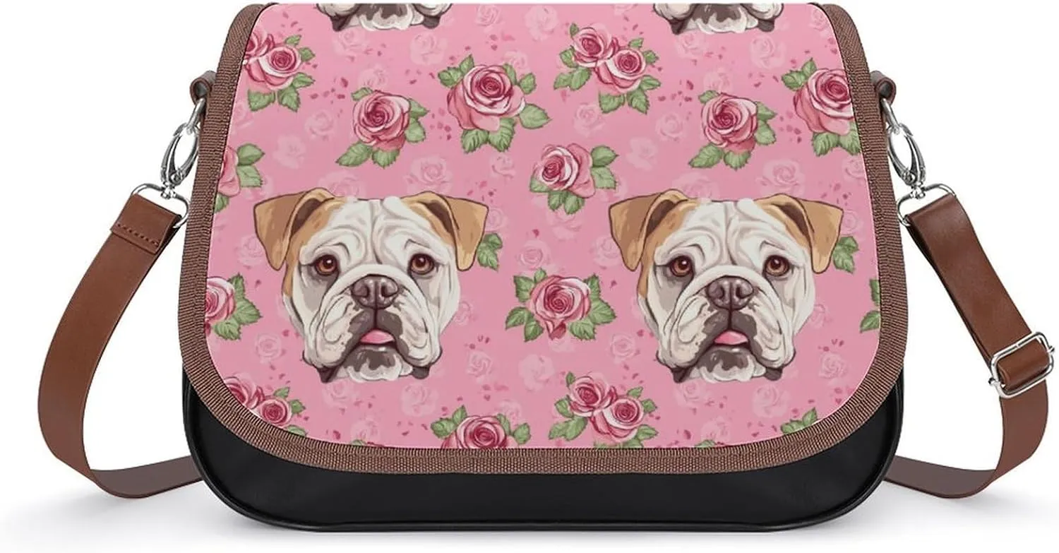 Flower Boston Bulldog Women's Shoulder Handbags Cute PU Leather Purse Crossbody Messenger Bags