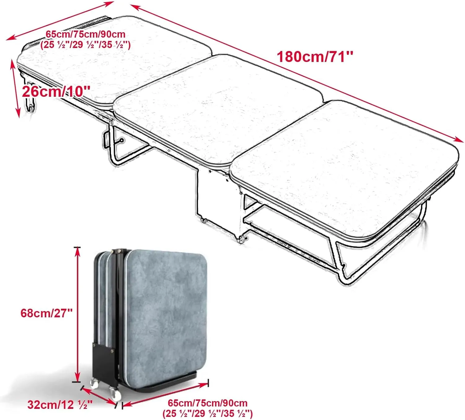 Folding Bed with Memory Foam Mattress, Folding Beds 5 Positions Adjustable Backrest, Portable Foldable Bed, Camping Cots for Adults(180 * 65cm/71 * 26inch)