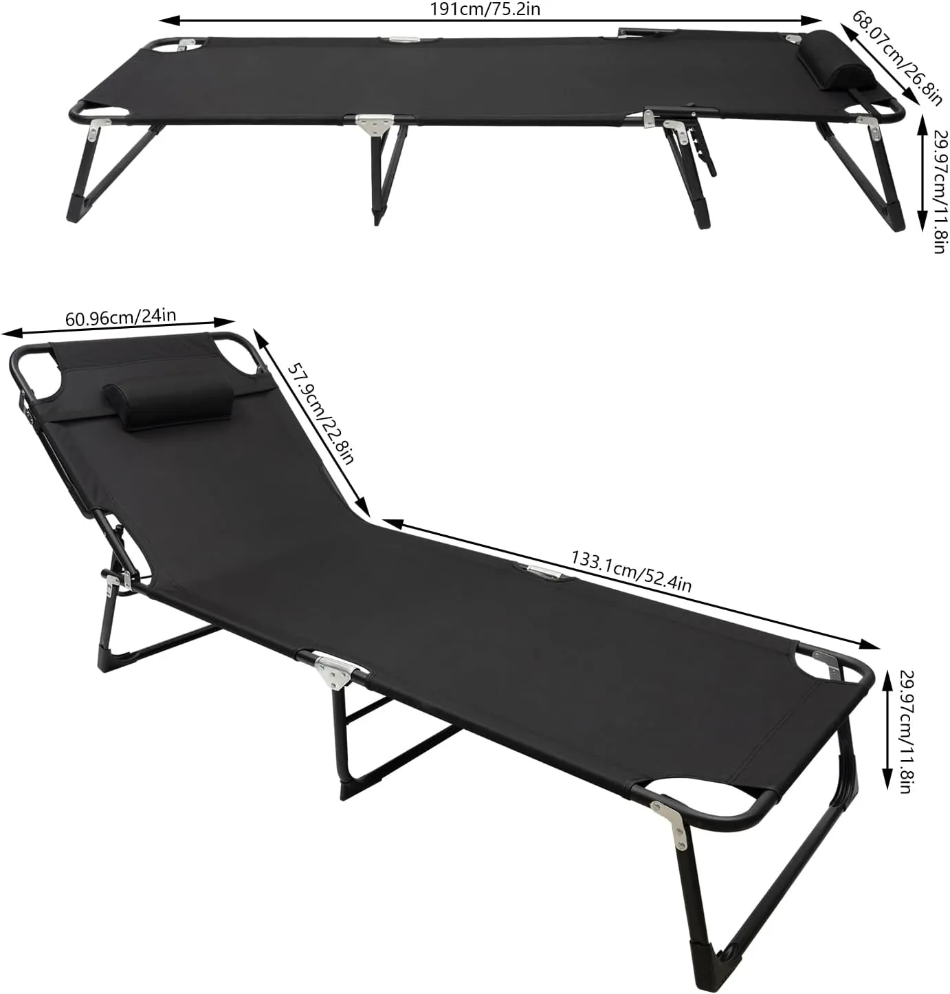 Folding Camping Cot for Adults, Sleeping Cots, Portable Travel Camp Cots, Folding Bed Outdoor Lounge Chairs for Outside Camping Bed Portable Folding Bed Cot Lounge Chair for Beach Lawn (Black)