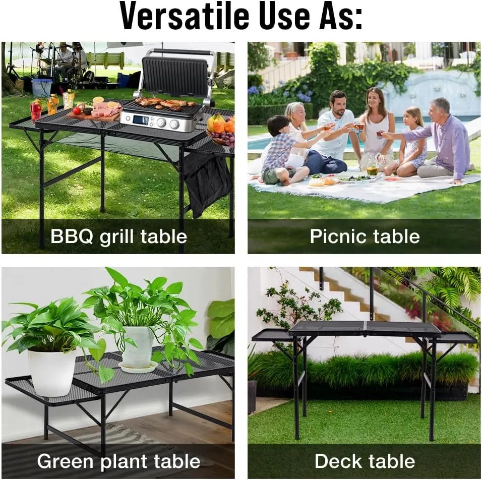 Folding Camping Grill Table 3ft x 1.3ft, Heat Resistant Tabletop Heavy Duty 111lbs, Portable Adjustable Picnic BBQ Outdoor Easy to Use Black (Black, 4.4ft x 2ft - 66lbs)
