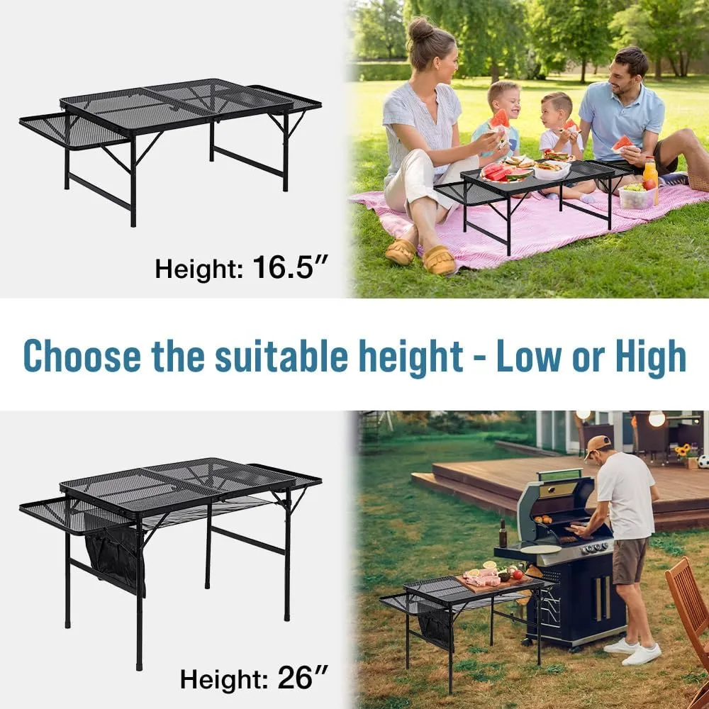 Folding Camping Grill Table 3ft x 1.3ft, Heat Resistant Tabletop Heavy Duty 111lbs, Portable Adjustable Picnic BBQ Outdoor Easy to Use Black (Black, 4.4ft x 2ft - 66lbs)