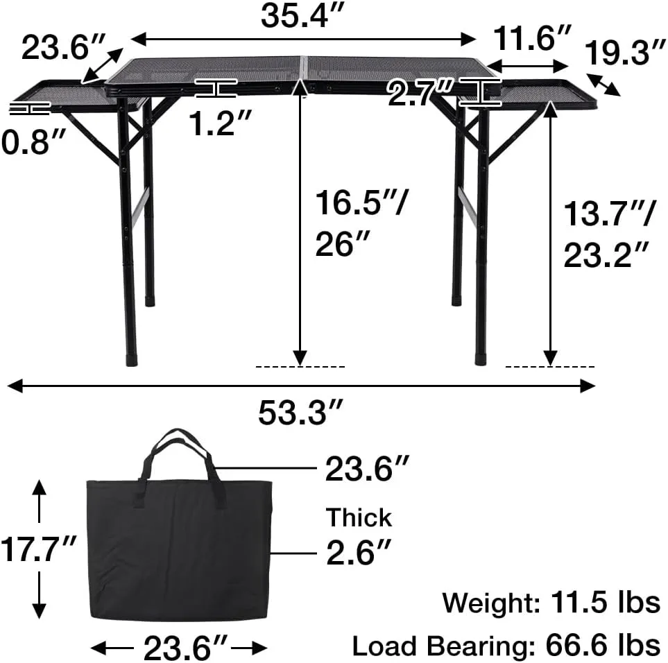 Folding Camping Grill Table 3ft x 1.3ft, Heat Resistant Tabletop Heavy Duty 111lbs, Portable Adjustable Picnic BBQ Outdoor Easy to Use Black (Black, 4.4ft x 2ft - 66lbs)
