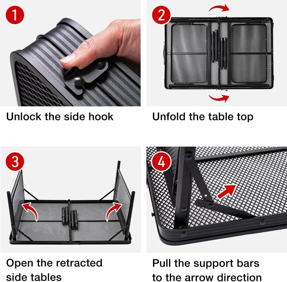 Folding Camping Grill Table 3ft x 1.3ft, Heat Resistant Tabletop Heavy Duty 111lbs, Portable Adjustable Picnic BBQ Outdoor Easy to Use Black (Black, 4.4ft x 2ft - 66lbs)