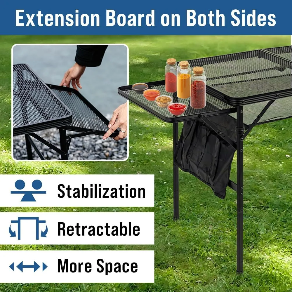 Folding Camping Grill Table 3ft x 1.3ft, Heat Resistant Tabletop Heavy Duty 111lbs, Portable Adjustable Picnic BBQ Outdoor Easy to Use Black (Black, 4.4ft x 2ft - 66lbs)