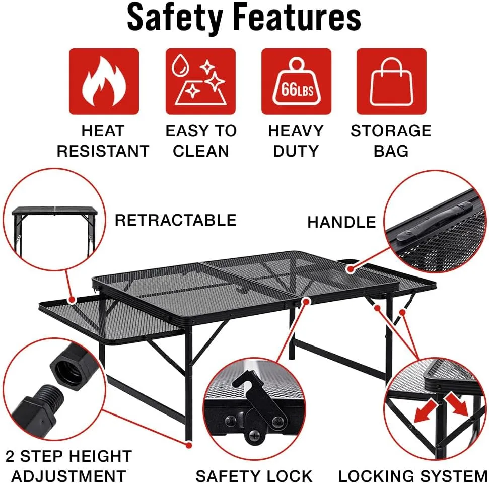 Folding Camping Grill Table 3ft x 1.3ft, Heat Resistant Tabletop Heavy Duty 111lbs, Portable Adjustable Picnic BBQ Outdoor Easy to Use Black (Black, 4.4ft x 2ft - 66lbs)