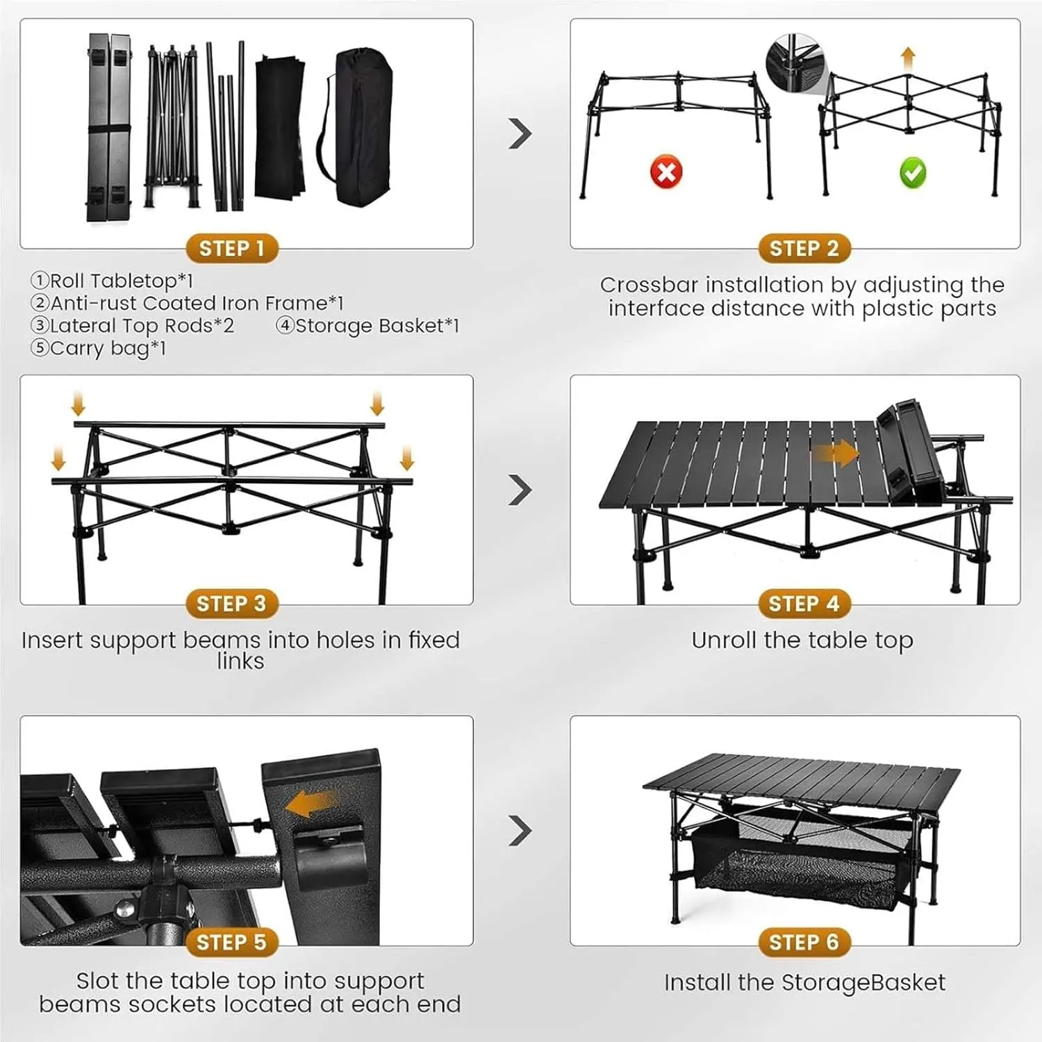 Folding Camping Table, Portable Roll-up Outdoor Table with Large Storage Bag and Carrying Bag, Aluminum Foldable Table for Indoor, Outdoor, Camping, Beach, Backyard, BBQ, Party, Patio, Picnic, Black