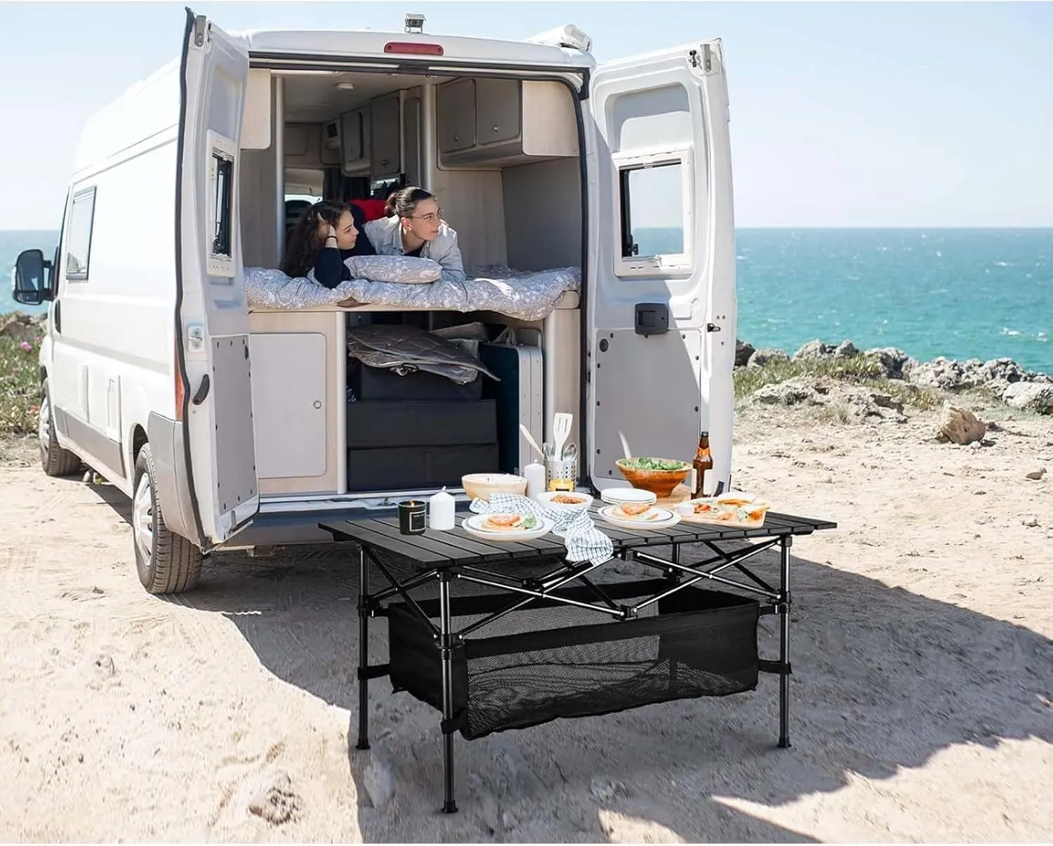 Folding Camping Table, Portable Roll-up Outdoor Table with Large Storage Bag and Carrying Bag, Aluminum Foldable Table for Indoor, Outdoor, Camping, Beach, Backyard, BBQ, Party, Patio, Picnic, Black