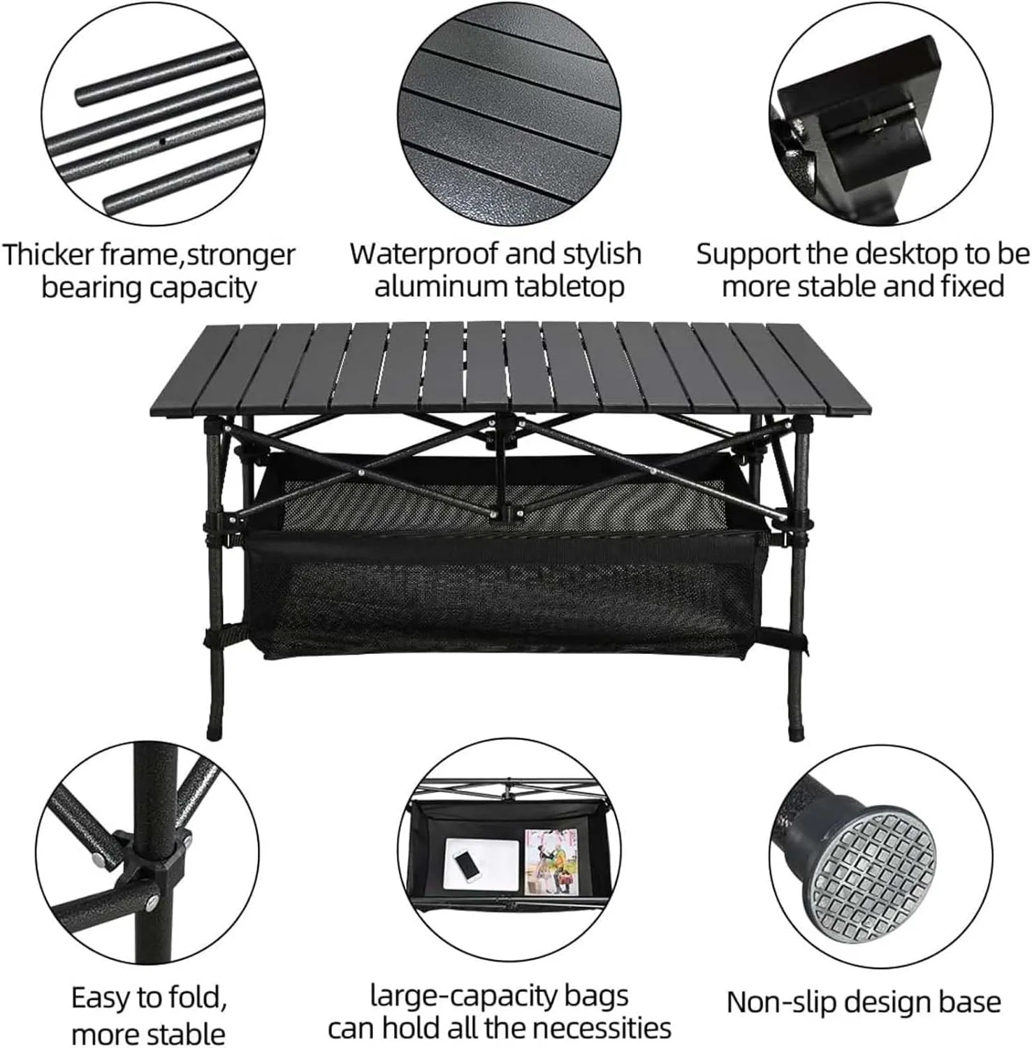 Folding Camping Table, Portable Roll-up Outdoor Table with Large Storage Bag and Carrying Bag, Aluminum Foldable Table for Indoor, Outdoor, Camping, Beach, Backyard, BBQ, Party, Patio, Picnic, Black