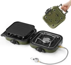 Folding Gas Stove Stove, Frying Pan, Double-Fire Gas Camping Stove with Adjustable Burners, Portable Iron let Perfect for Camping & Hiking