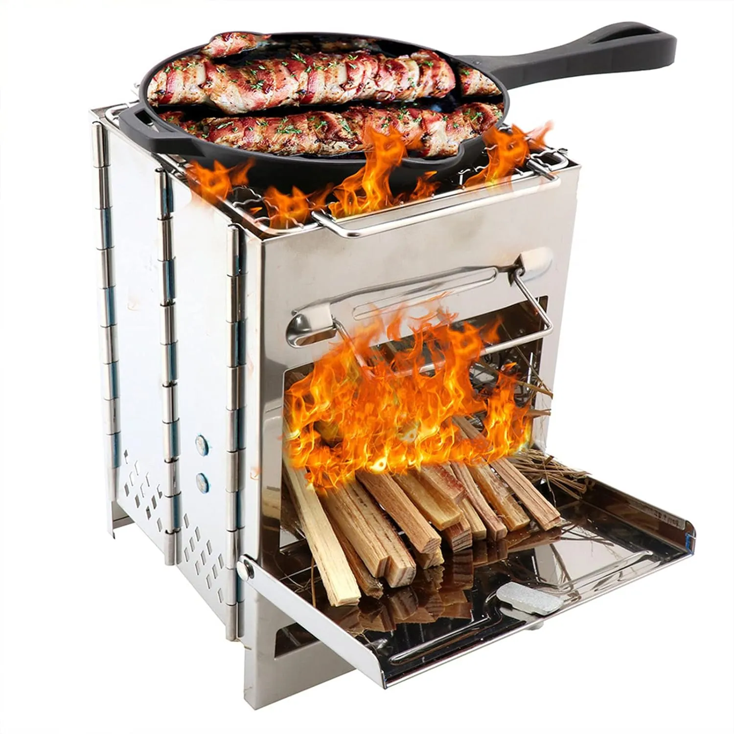Folding Wood Burning Stove Premium Camping Stove for Backpacking, Hiking, RV and Survival - Barrel Stove Kit with Handles