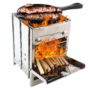 Folding Wood Burning Stove Premium Camping Stove for Backpacking, Hiking, RV and Survival - Barrel Stove Kit with Handles