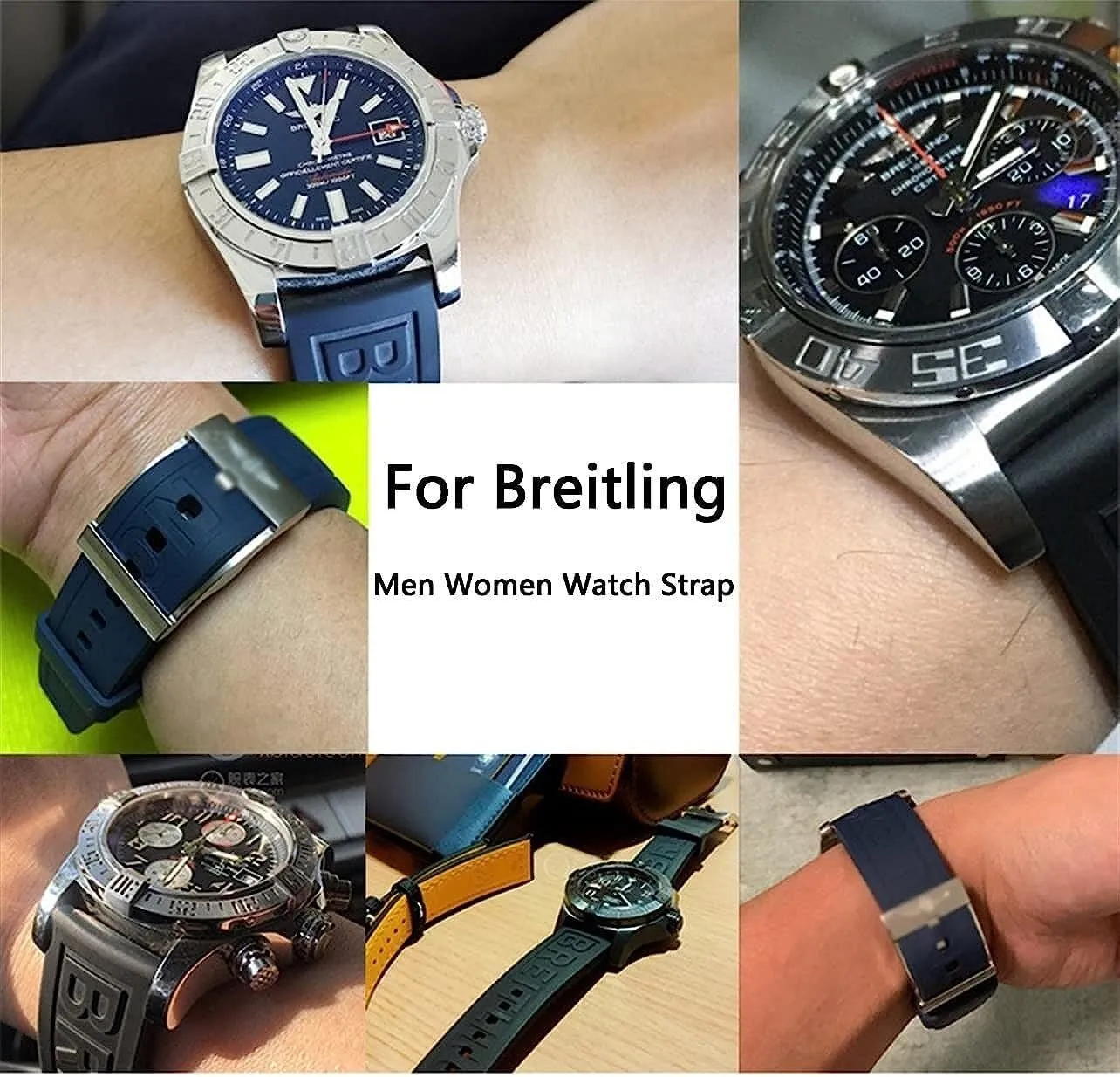 For Breitling navitimer avenger silicone Watch band with pin buckle 22mm 24mm Black dark blue strap