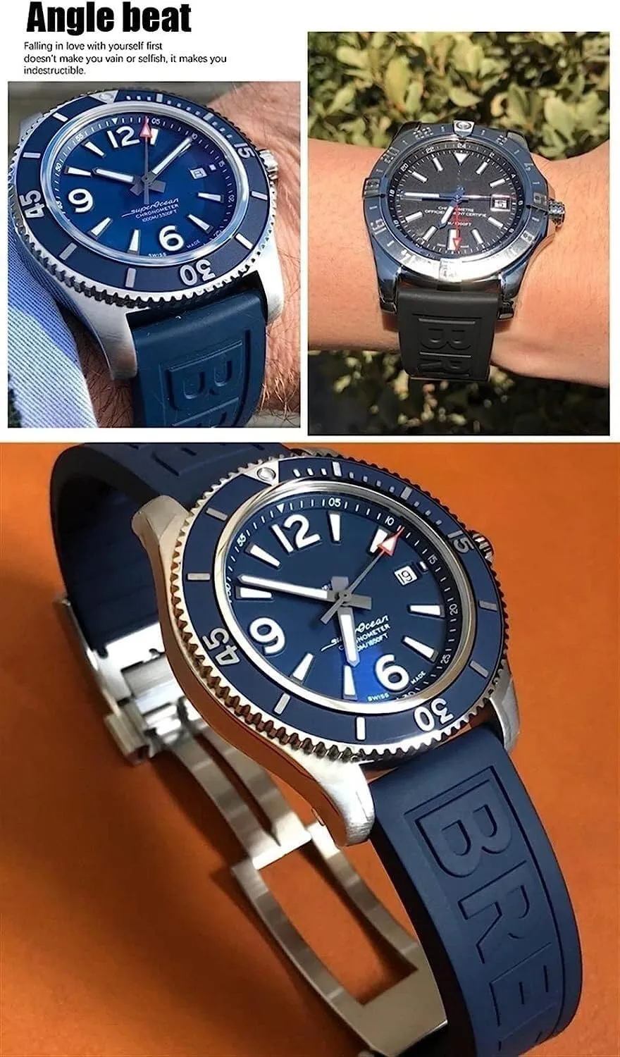 For Breitling navitimer avenger silicone Watch band with pin buckle 22mm 24mm Black dark blue strap